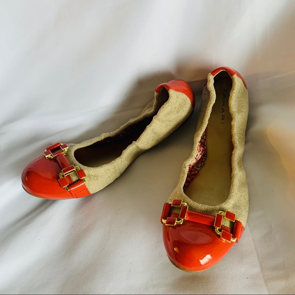 TAHARI Orange Leather & Fabric Ballet Flats